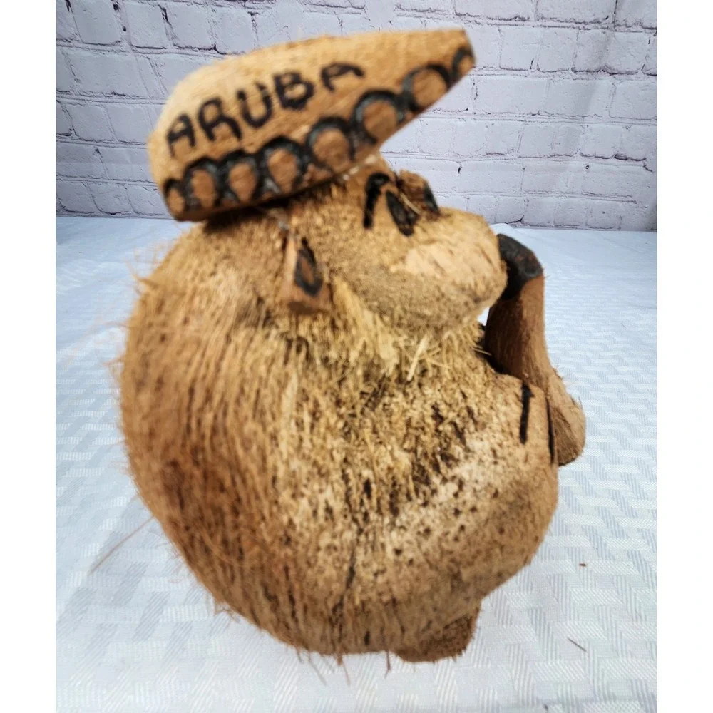 Vintage Hand Carved Coconut Gorilla Wearing Hat & Smoking Pipe Figurine Aruba